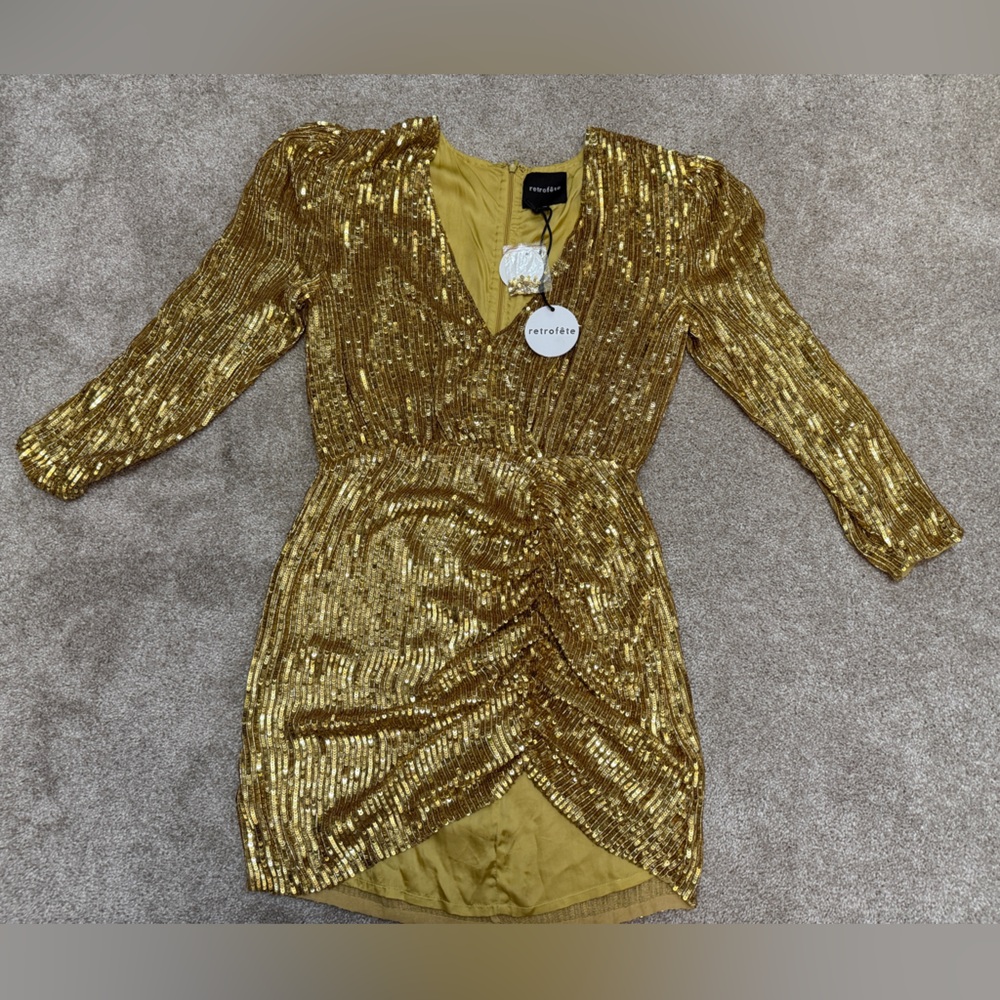 Retrofete Stacey Gold Sequin Beaded Long Sleeve Mini Dress - size S - Gorgeous - Picture 5 of 16